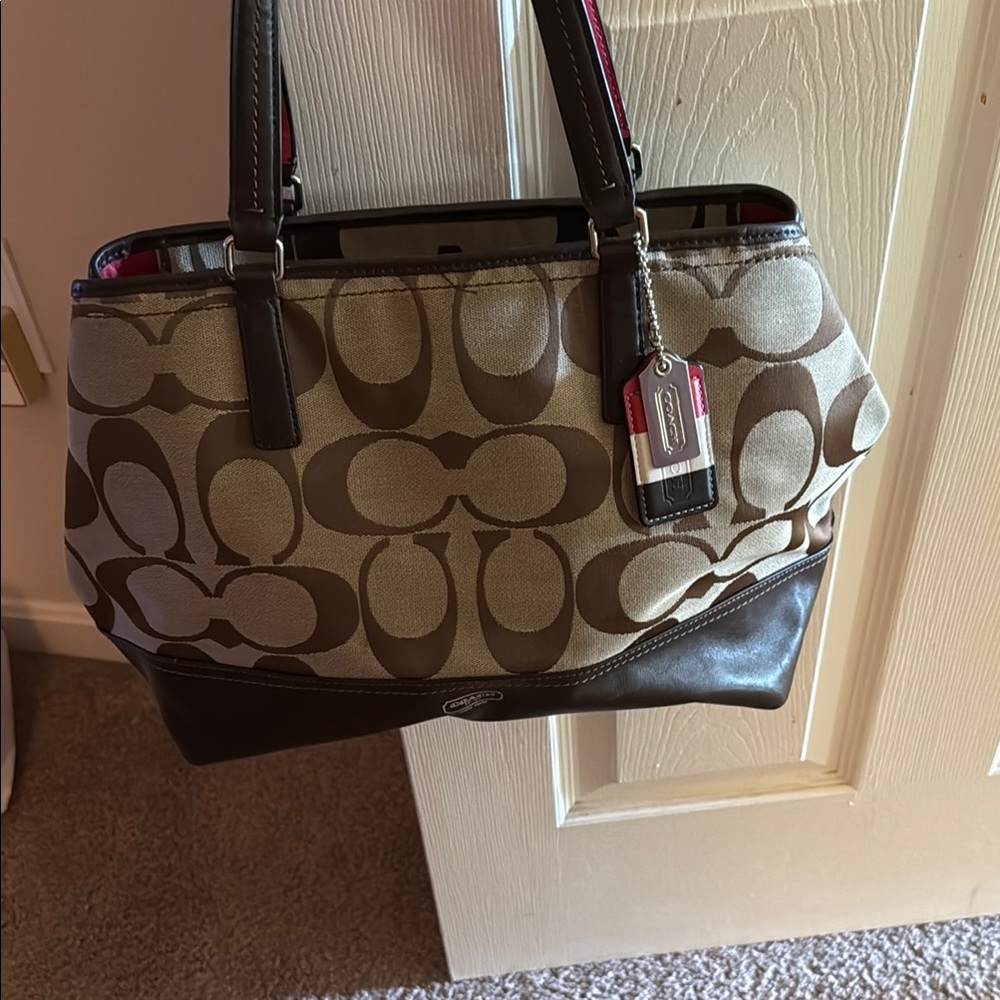 Coach Brown and Tan Signature Shoulder Bag